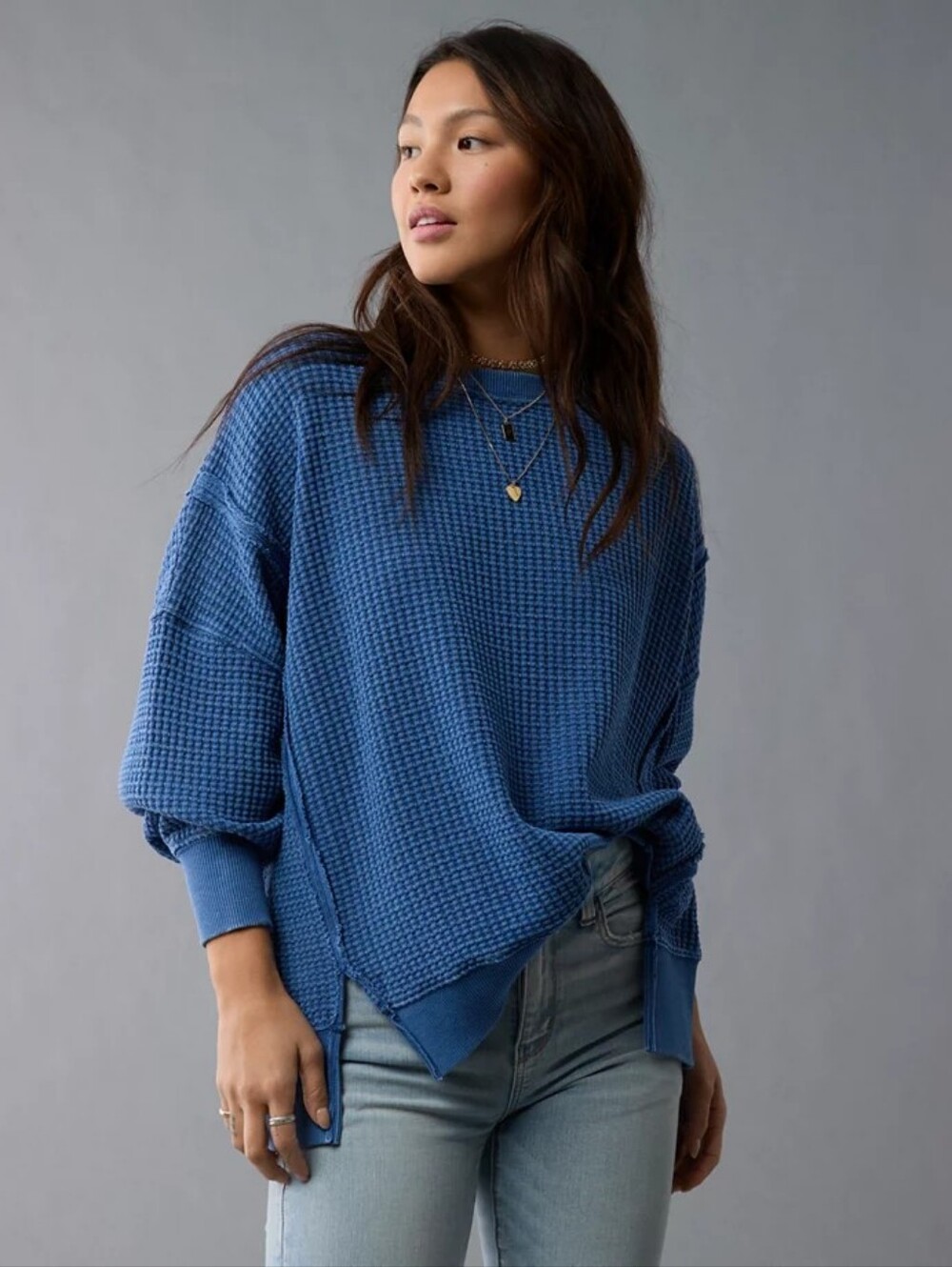 AE American Eagle Big Hug Sweatshirt with Waffle Texture Blue Oversized Small